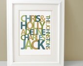 Personalized Housewarming Gift, Custom Family Name Print,  Wedding Anniversary Gift, 11x14 size Blue Green or choose your own colors