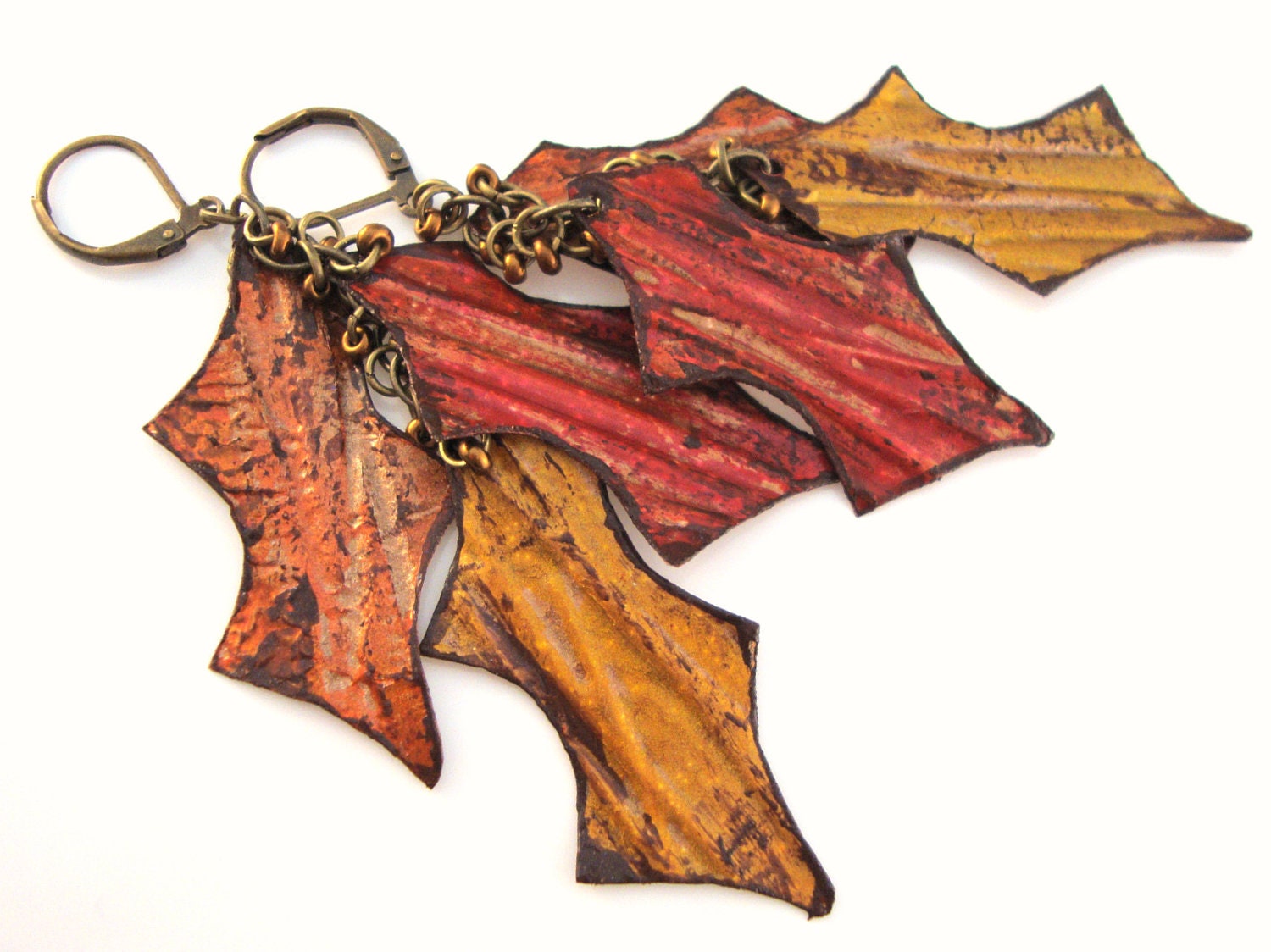 Orange Red Yellow Rustic Autumn Leaf Earrings Aluminum Can Jewelry - funkychicUPCYCLING