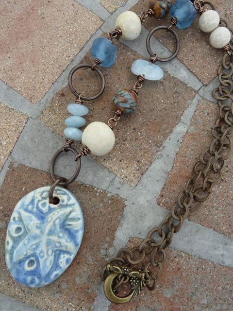 Day at the Beach Blue Ceramic Sea Star with Aquamarine, Recycled Glass, Czech Glass and Ceramic Beads on Bronze Chain with Vintaj Spacers