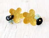 Earrings - 18K Gold  Aquamarine and Onyx Flower Post Earrings