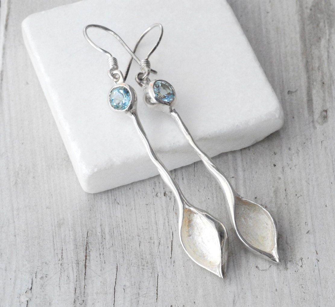 Sky Blue Topaz Earrings, Sterling Silver Leaf Shape Earrings, Bridal Jewelry, December Birthstone, Aqua Blue Topaz Jewelry, Springtime 2013