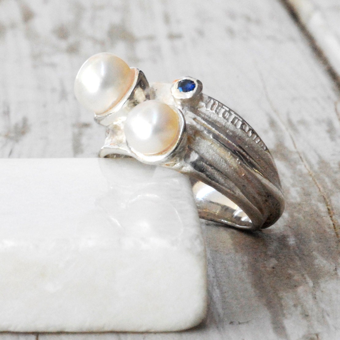 Snow White Pearl Ring, Navy Royal Blue Sapphire Sterling Silver Ring, Culture Pearls Jewelry, June Birthstone, Statement ring, Spring 2013