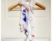 White with Blue and Red Accents Ruffled Tshirt Scarf Upcycled Domino's series