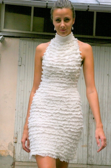 Hand knitted white glamorous Party dress, waist fit, size S/M