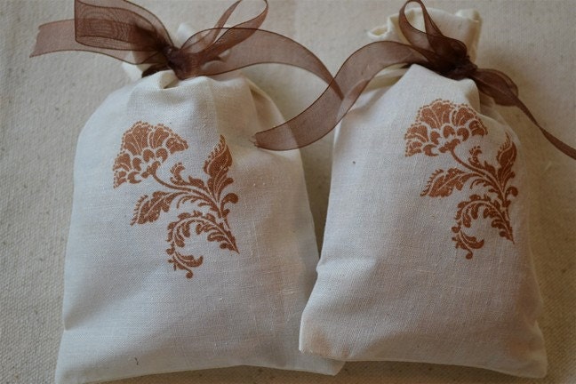 50 Damask Flower with Ribbon - Organic Muslin Cotton Drawstring Favor Gift Bags 4x6 - Choose your ink color Il_570xn