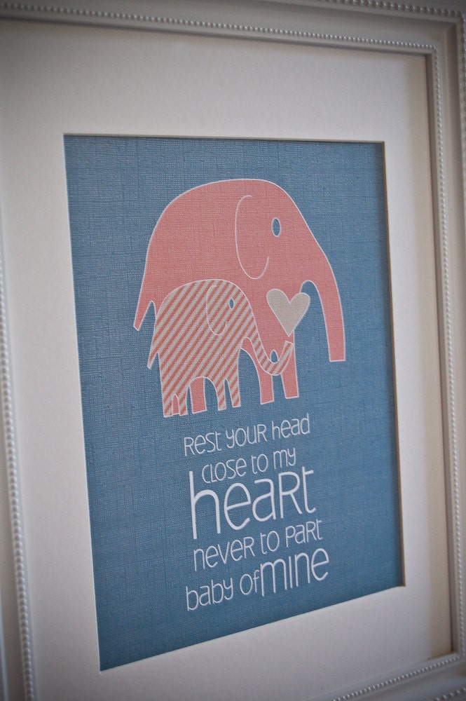 8x10 nursery print baby mine elephants in turquoise and coral
