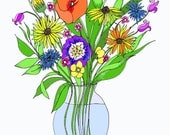 Wildflowers, archival A4 art print, flowers in vase