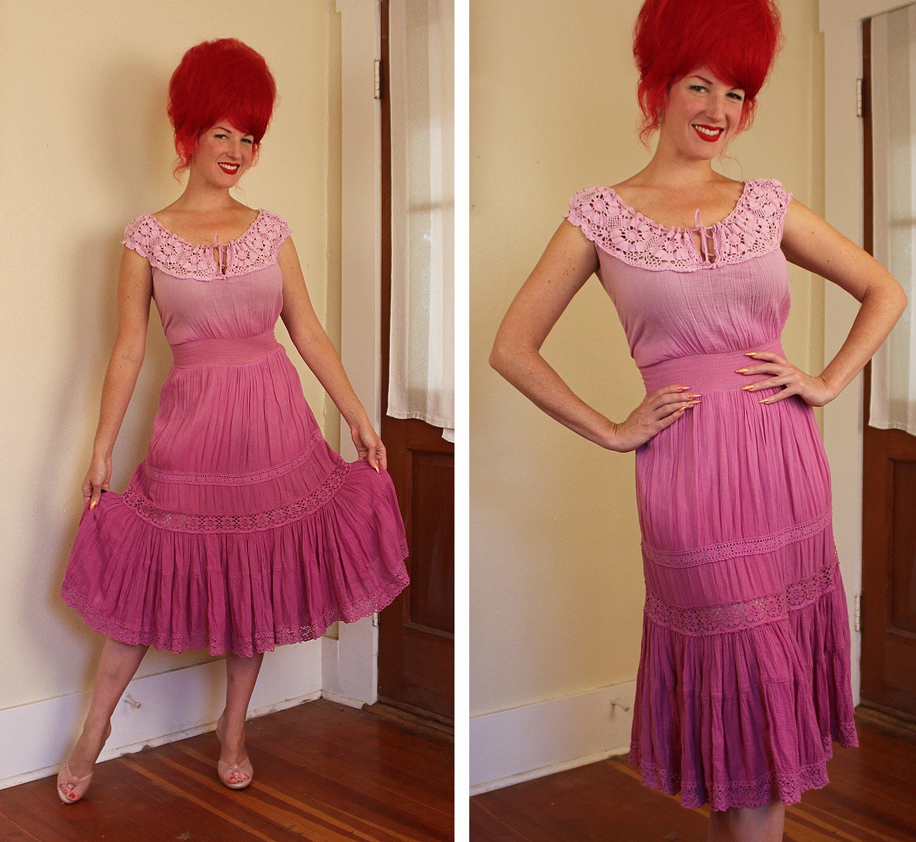 GORGEOUS 1970's Ombre Gradated Orchid Purple Ethnic Peasant Hourglass Sun Dress w/ Hand Crochet Neckline & Detailing - Plus Size L to XL