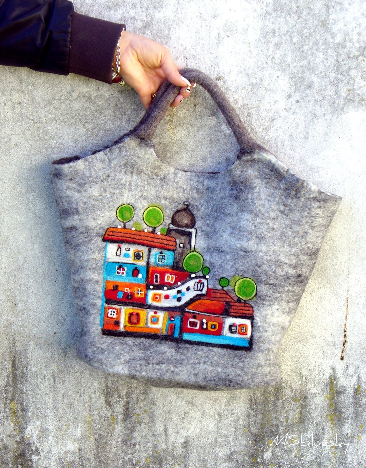 Felt Wool Tote Hundertwasserhaus  inspired,One of kind Felted handbag,  handmade, OOAK Ready to Ship - MSbluesky