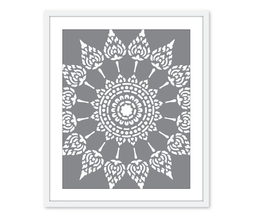Thai Mandala Digital Art Print Grey Modern Wall Art Abstract Circle - Slate grey - 8x10 print