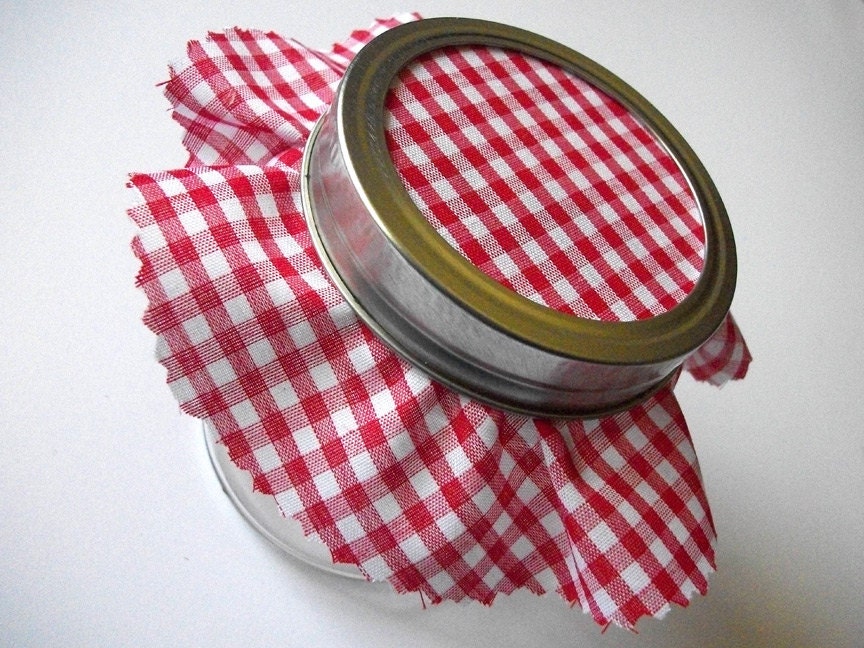 12 Red Gingham Jam Covers, Cloth Toppers, fabric for mason jars, food preservation, wedding favors