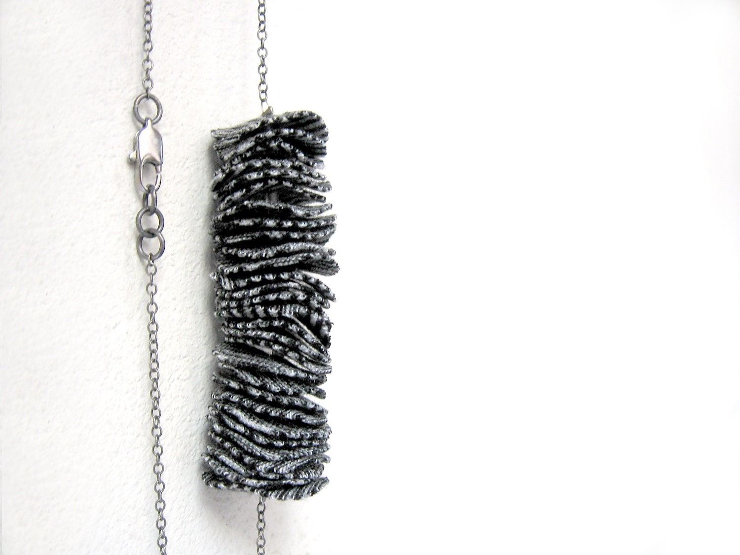 grey-black stripes minimal necklace with jersey fabric and sterling silver chain