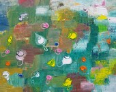 Original Abstract Textured Oil Painting Teal Yellow Pink