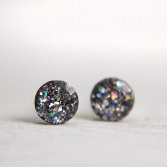 super tiny circle post earrings in iridescent silver - glitter earrings round post earrings