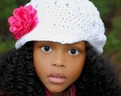 Crochet Newsboy Cap Beanie Hat with Visor  - White Cotton Hat with detachable silk flower clip, Children Clothing,