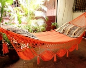 Orange Single Hammock hand-woven Natural Cotton Special Fringe