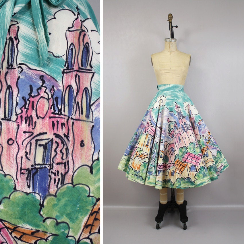 Vintage 1950s Circle Skirt Hand Painted Tourist Swing Skirt, City in the Sun