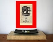 E for Elephant Vintage Art Print on Antique 1896 Dictionary Book Page