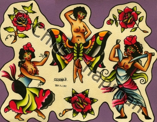 Dancing Ladies n Roses Tattoo Flash