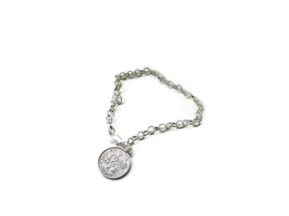 Lucky Sixpence Bracelet Anklet wedding Bridesmaid Bridal - ONE FOR LUCK - Silver Plated chain Etsy uk