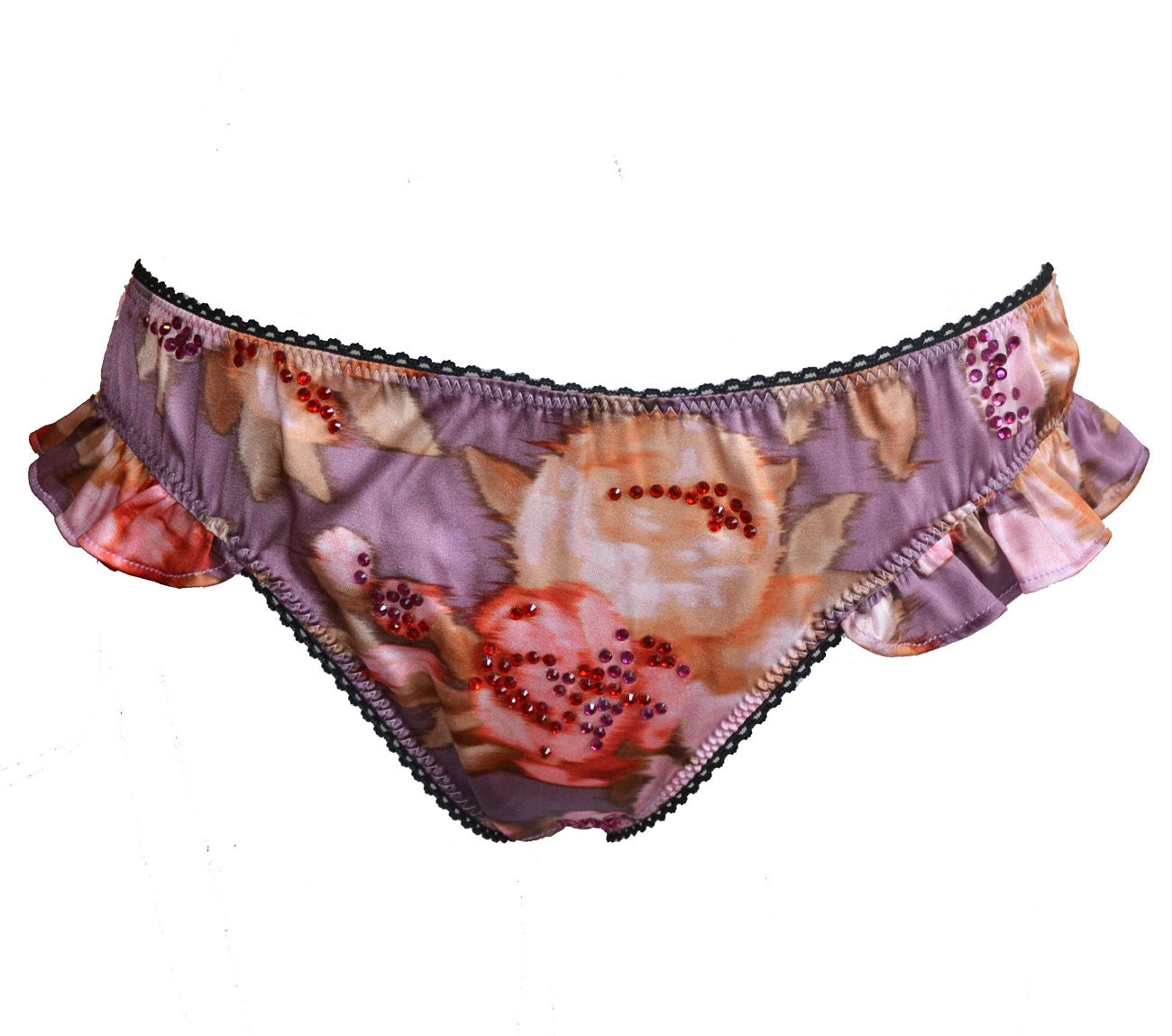 Etsy Lingerie Sale, FLO Ruffled Floral print Silk Panties with handmade Bows - printed knicker