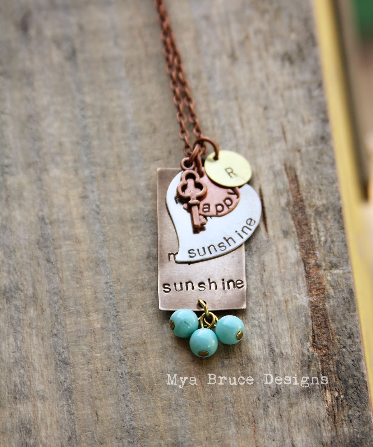 you are my sunshine - mixed metal design with personalized initials - and key to my heart elements with antique aqua dangles