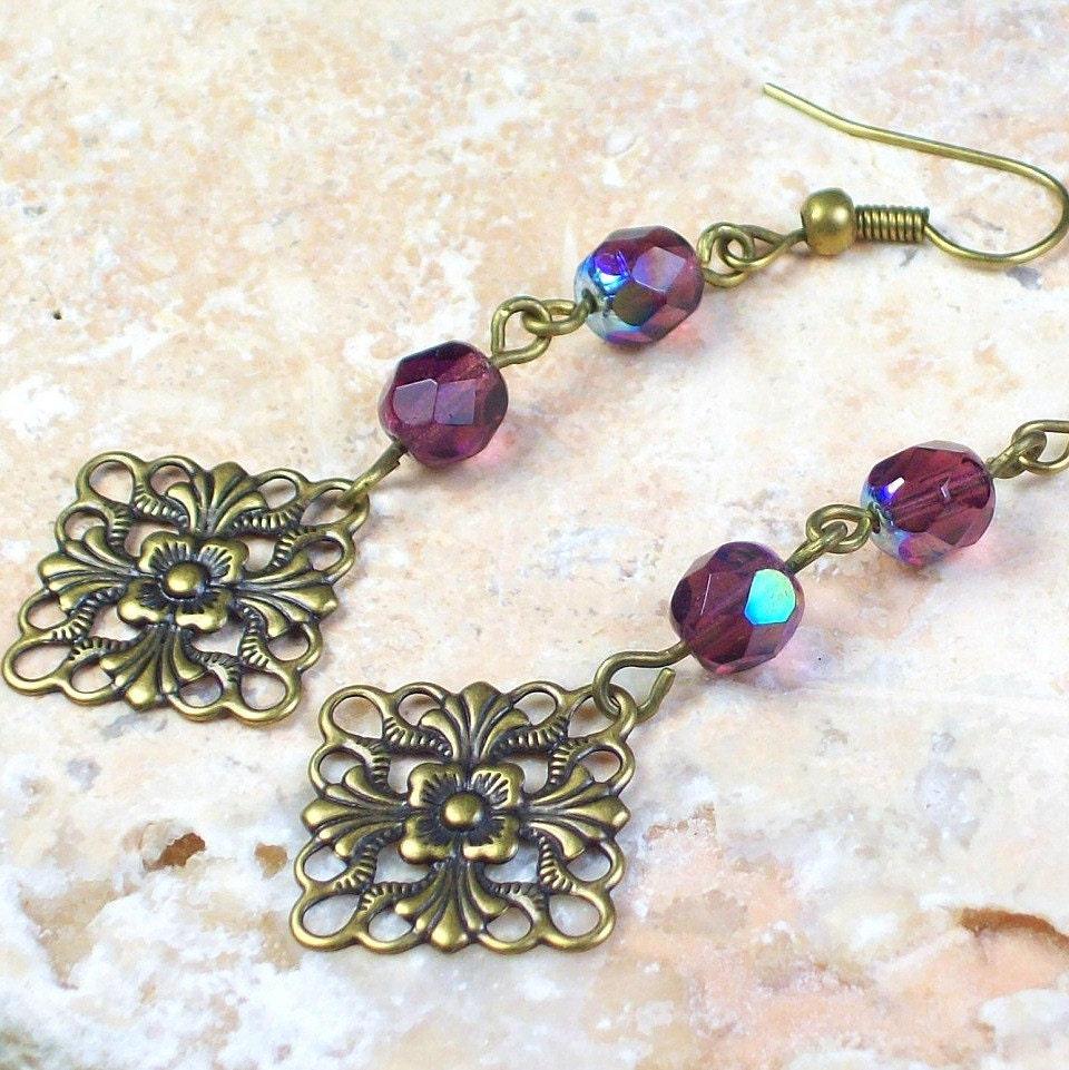 Plum Goddess Earrings - purple iridescent faceted Czech glass, antique brass / gold  filigree SALE