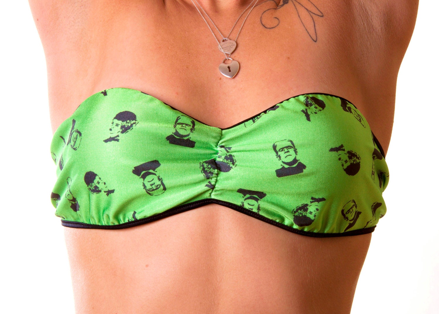 Green Bandeau Bra with All Over Frankenstein's Monster and Bride of Frankenstein Print