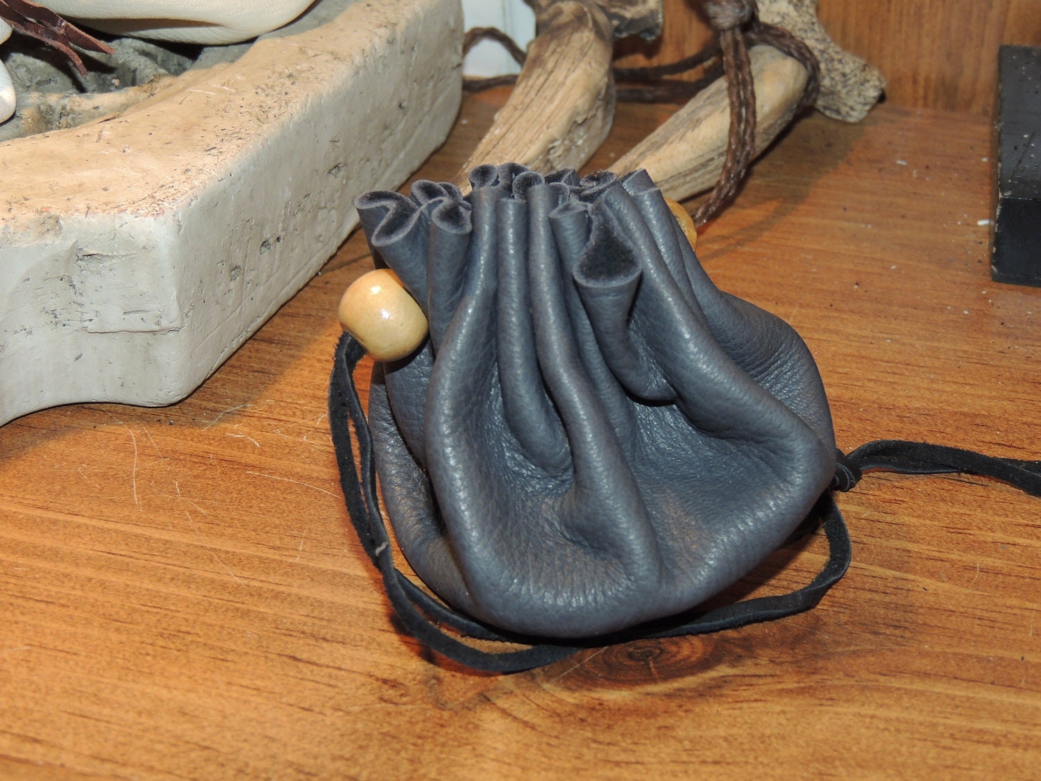 Drawstring Coin Purse(Grey Leather)