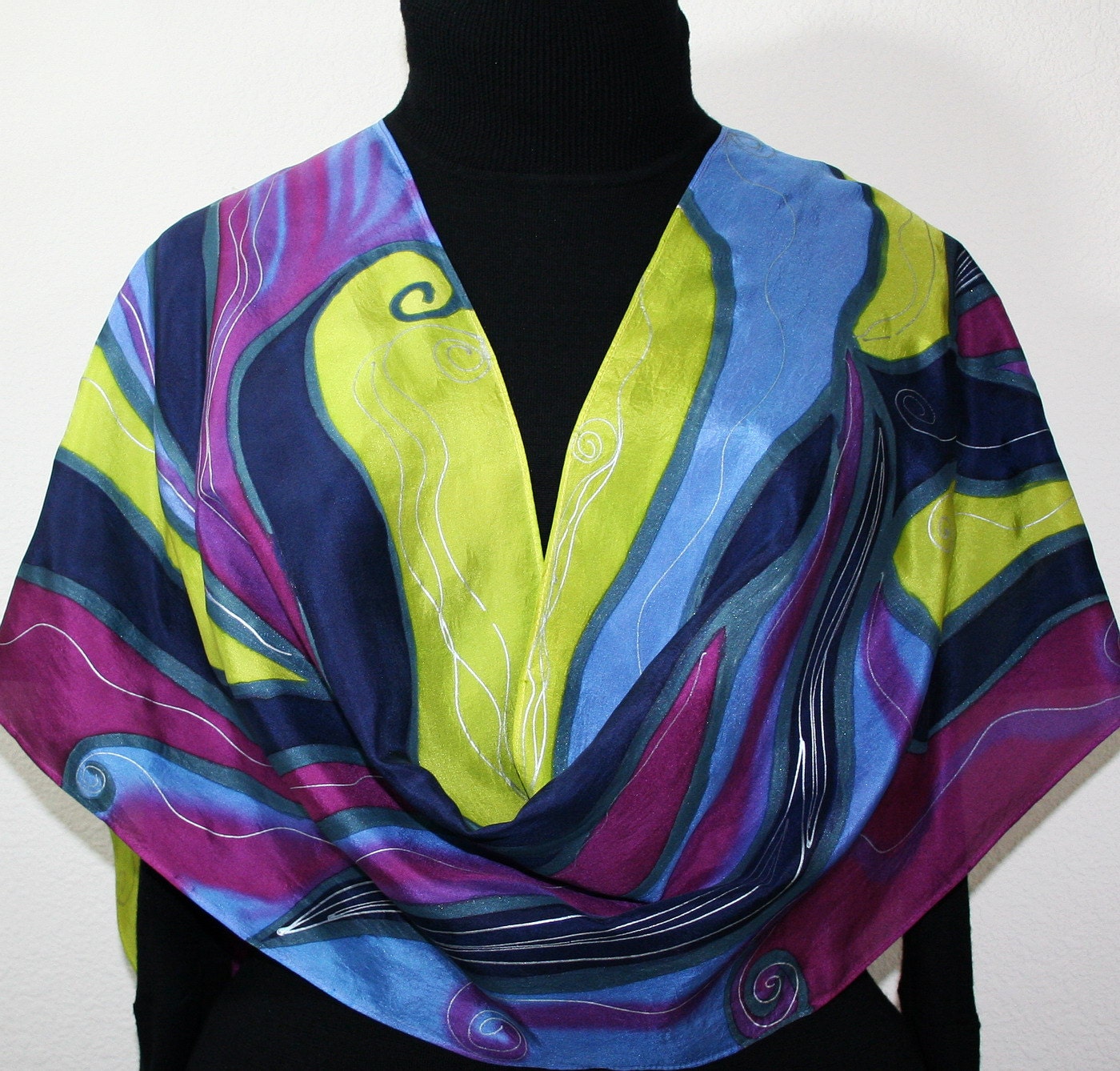 Hand Painted Silk Scarf Sunset Vineyards. Scarf in Navy Blue, Lime, Burgundy. Size LARGE 14x70. Made in Colorado. 100% silk. Made to order.