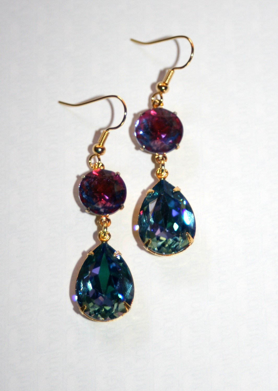 Vintage Fuchsia pink Sapphire blue Cuba glass Swarovski crystal Gold earrings