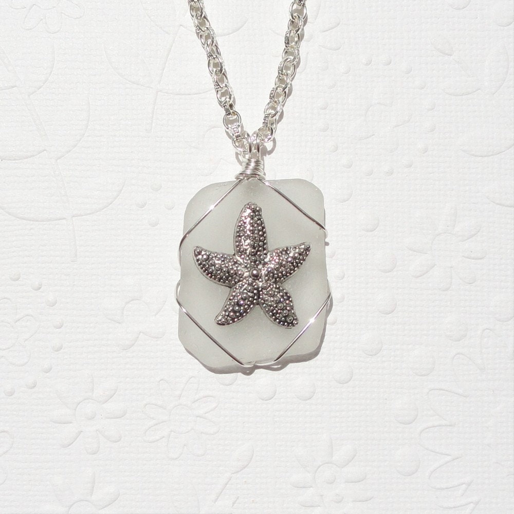 White Frosted Sea Glass Wire Wrapped Necklace with Starfish Charm, White Wire Wrapped Sea Glass Pendant with Starfish Charm
