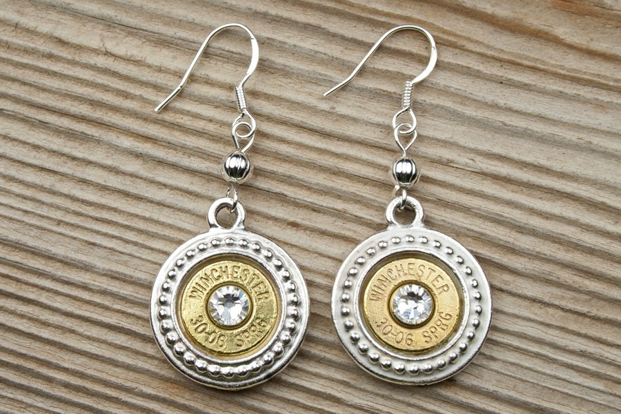 Winchester 30-06 Brass Bullet Medallion Earrings Sterling Silver