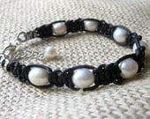 Black Leather, Freshwater Pearl Macrame Adjustable Bracelet