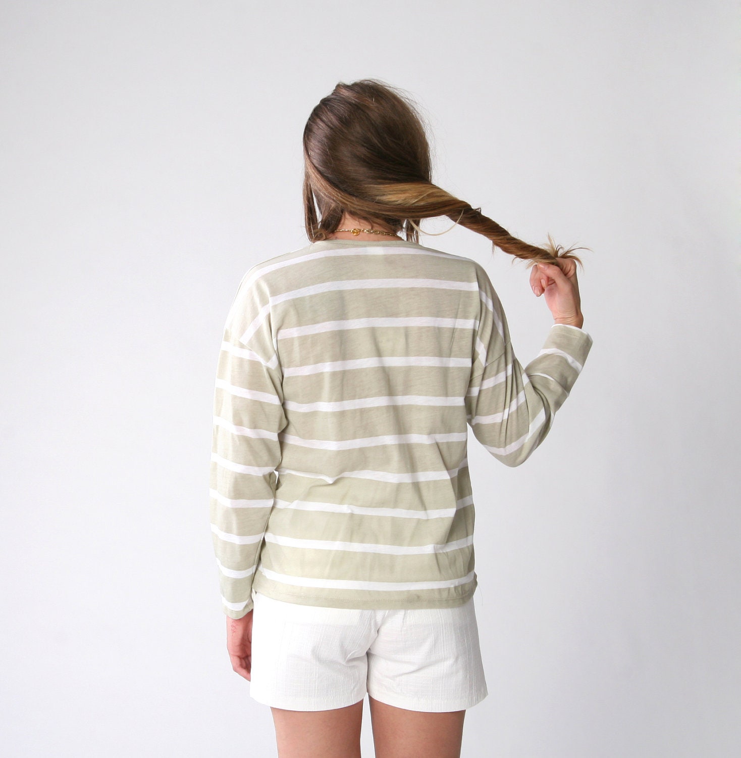 SALE 60%  Khaki and white stripes Button-down shirt with long sleeves,Women cardigan, Winter fashion