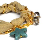 Fabric  bracelet   bangle with chain, beads and rings for her - one of a kind - OOAK