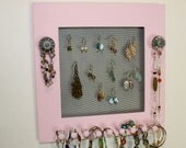 Pink Jewelry Frame Organizer Storage for Earrings, Bracelets and Necklaces.