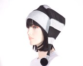 Goth Stocking Cap Gray Black Striped Mens Hat Womens Hat  Long Pompom
