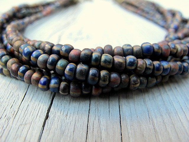 Seed Bead Choker/ Convertible Wrap Bracelet: Multi Strand Indigo Mix Czech Glass with Antique Brass