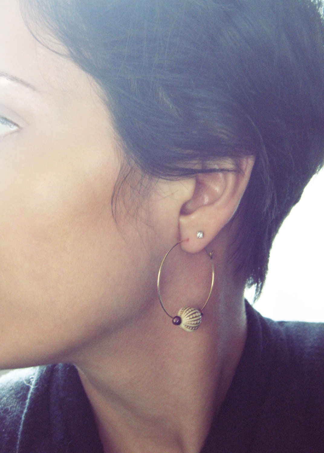 Faux Bone Earrings. Faux Carved Ivory Beads. Vintage inspired style. Retro Bohemian Ethnic Beads. Creamy White and brown. Gold plated hoops.