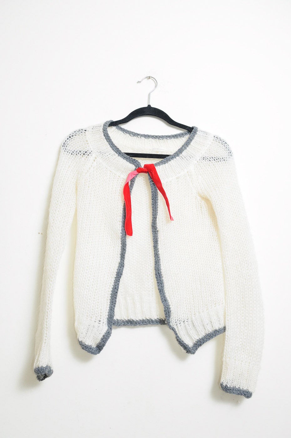 Super Cute Vintage 80s/90s Knit Off White and Grey Cardigan Sweater With Small Red Velvet Ribbon In Front - LipstickDinosaur