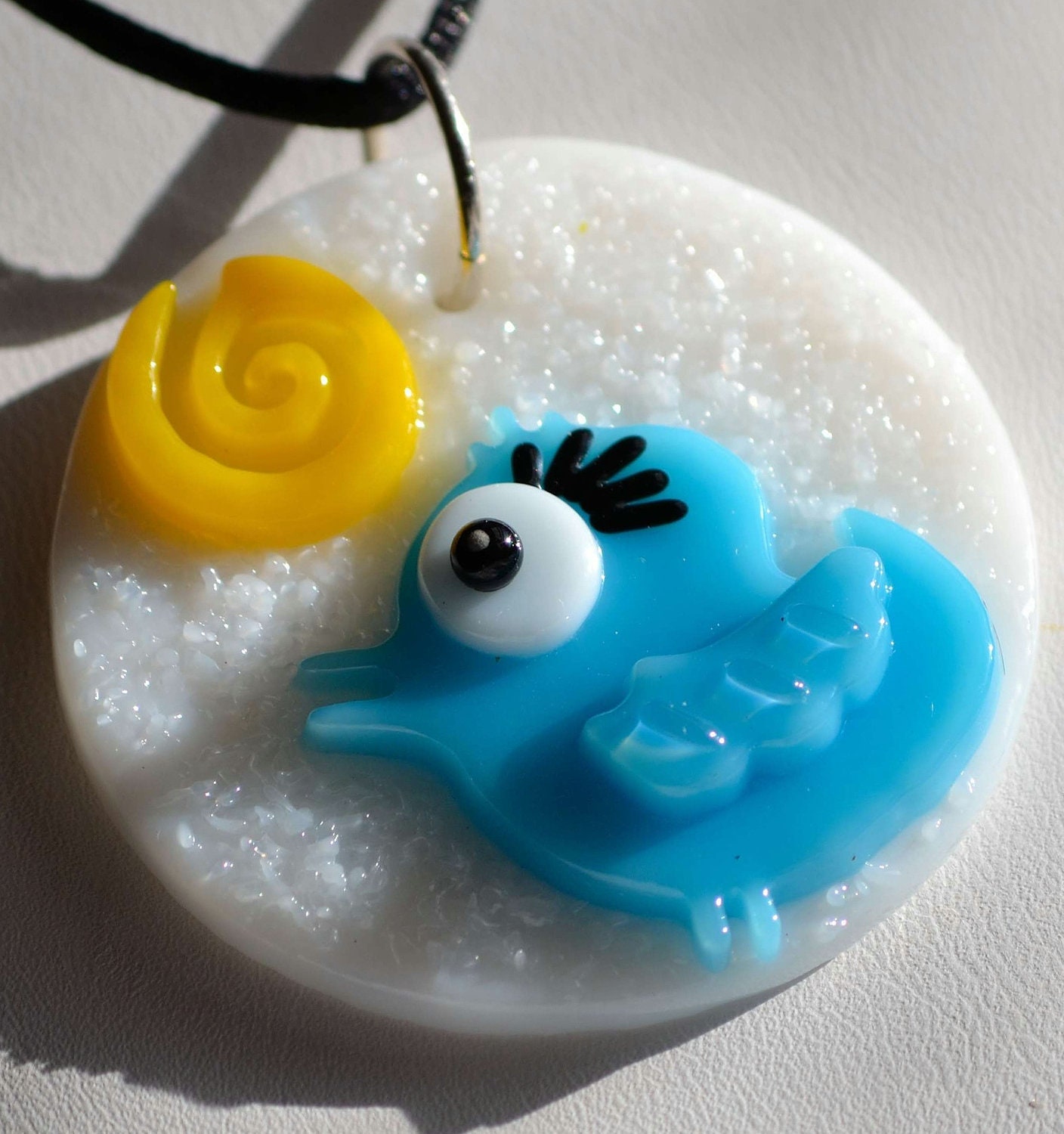 Blue Bird Pendant, Fused Glass Necklace, Colorful Jewelry, Spiral Sun, Sterling Silver, Signed Original