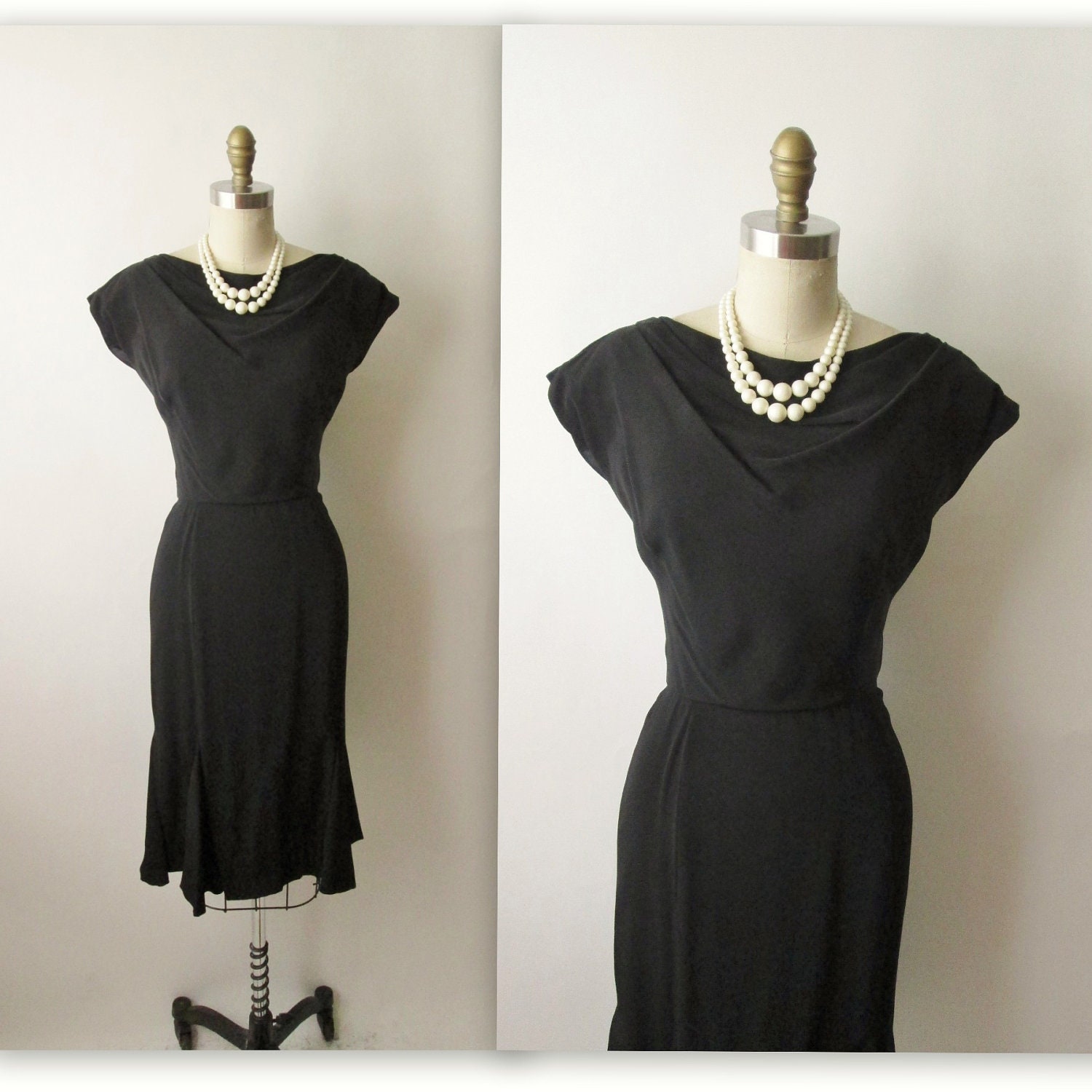 50's Cocktail Dress // Vintage 1950's Draped Black Rayon Mermaid Wiggle Cocktail Party Dress S M