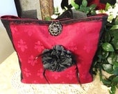 SALE--Josie's- Elegant-Vintage-Cotton-Multi Use-Tote Bag/Purse, w/ 3 Pockets/Straps/Zipper/Trim/Antique Button & Brooch Pin