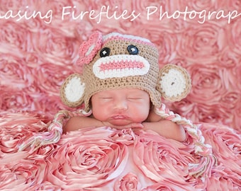 Pink Sock  Monkey Hat Crochet Photogrpahy Prop Newborn to Toddler sizing