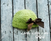 Adorable and Soft Green Apple Baby Girl Hat with Brown Satin Ribbon Accent -- 3-6 Months