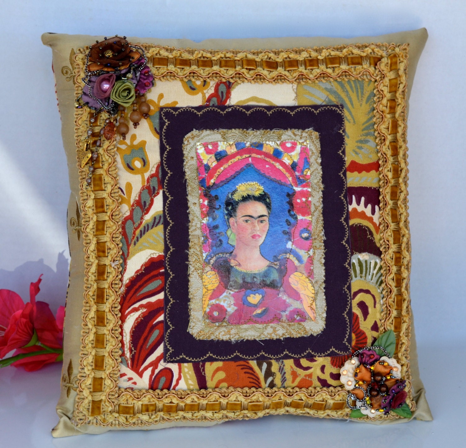 Frida Kahlo Pillow - Retro Floral Print - Mexican Artist Boho Keepsake Pillow
