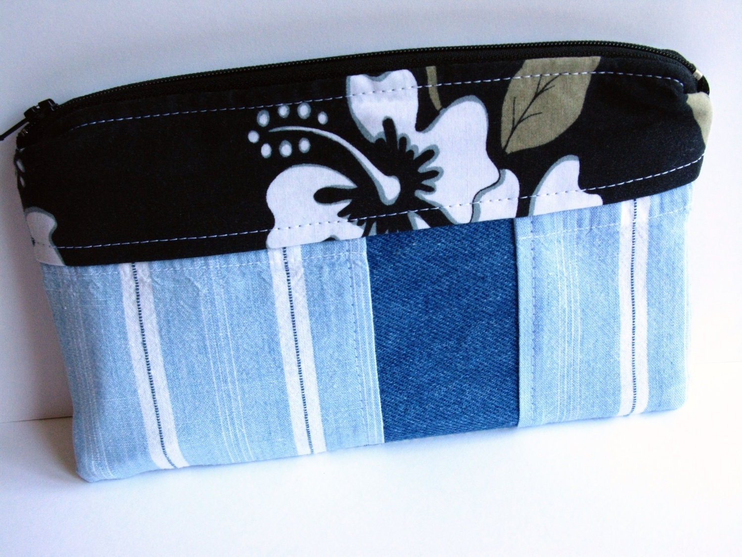 Zip Pouch, Cotton Pouch, Denim, Hawaiian print, unisex