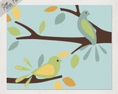 Bird art print, blue and green birds in a tree, Girl's or Boy's Modern Nursery Illustration, Size 8x10
