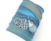 Silk Wrap Bracelet with Lotus Flower, Peace Sign, and Amazonite, yoga jewelry,wrapped, wrapping, wrap around,wrist wrap